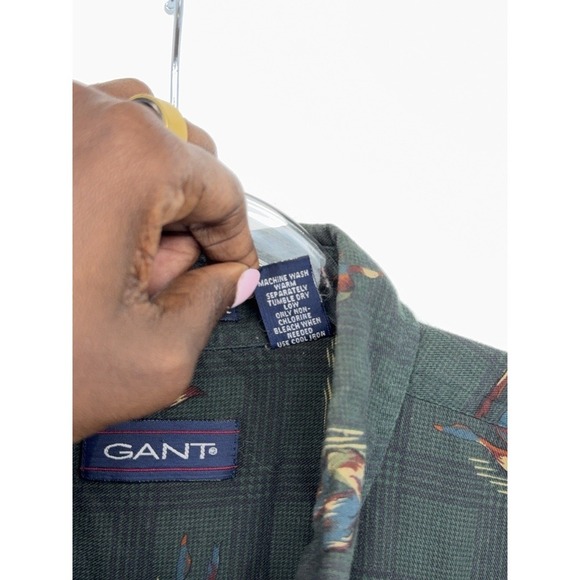 Vintage Gant Chelsea Twill Mens Button Down Green Bird Shirt Size L Retro Unique - Picture 3 of 5
